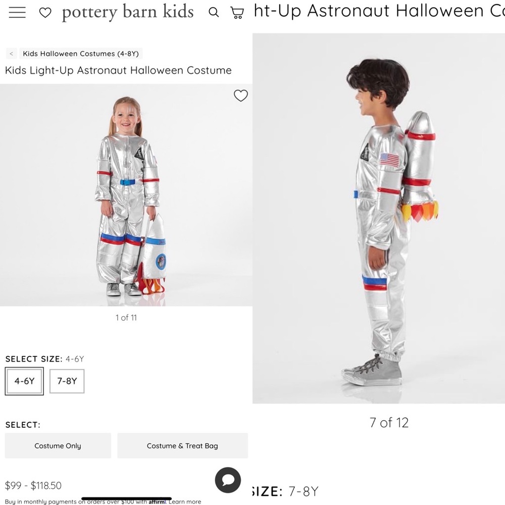Pottery Barn Kids Light-Up Astronaut Costume - Size 7-8Y